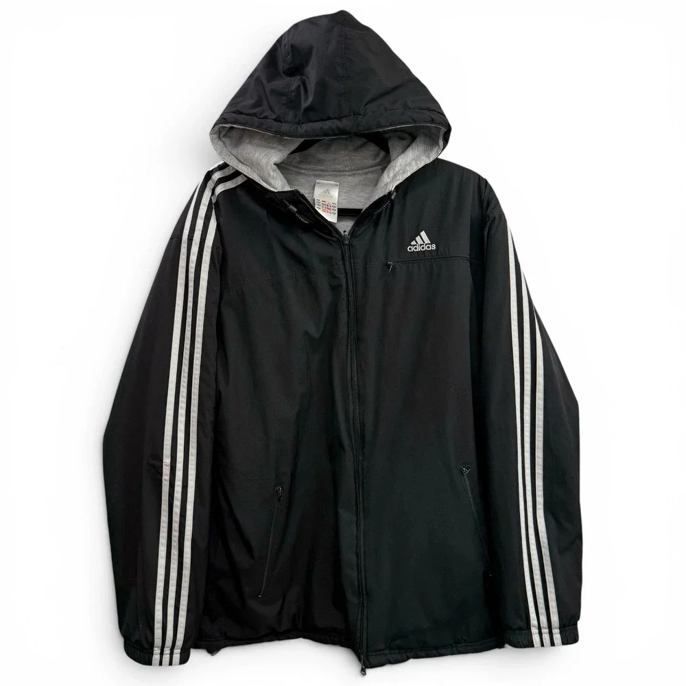 Vtg Adidas Men's M/L Black Gray Reversible Jacket 3 Stripe Logo Hooded Coat 90's